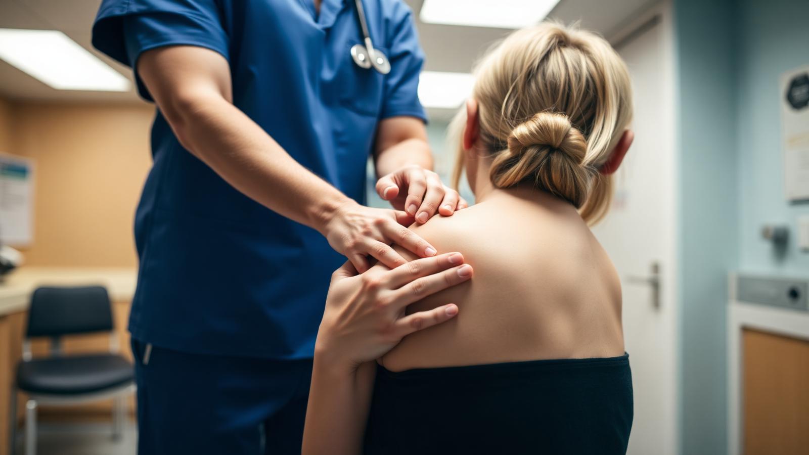 A clinician assessing a patient's shoulder in a bright treatment room