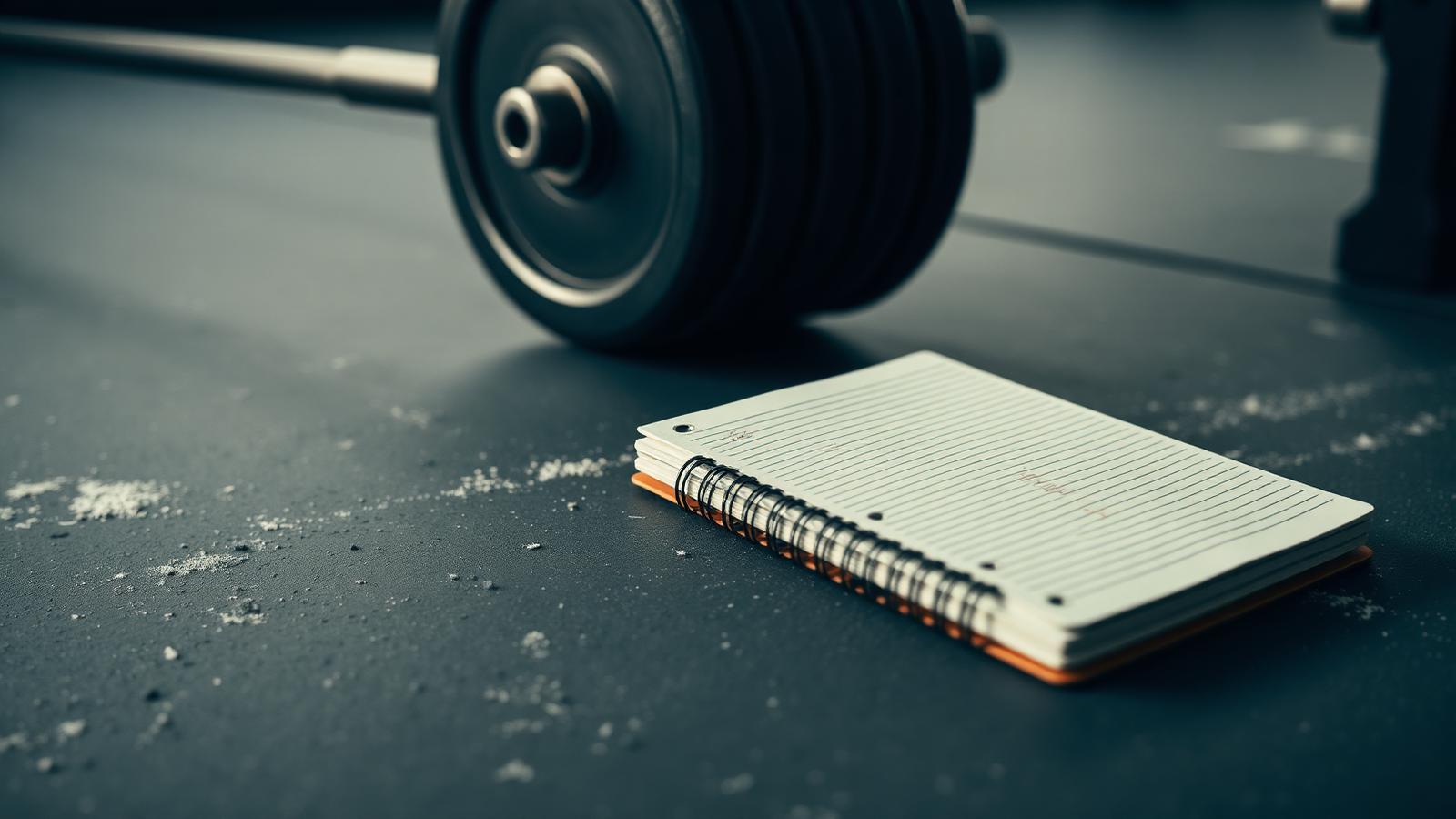 A loaded barbell beside a handwritten training log on a gym floor