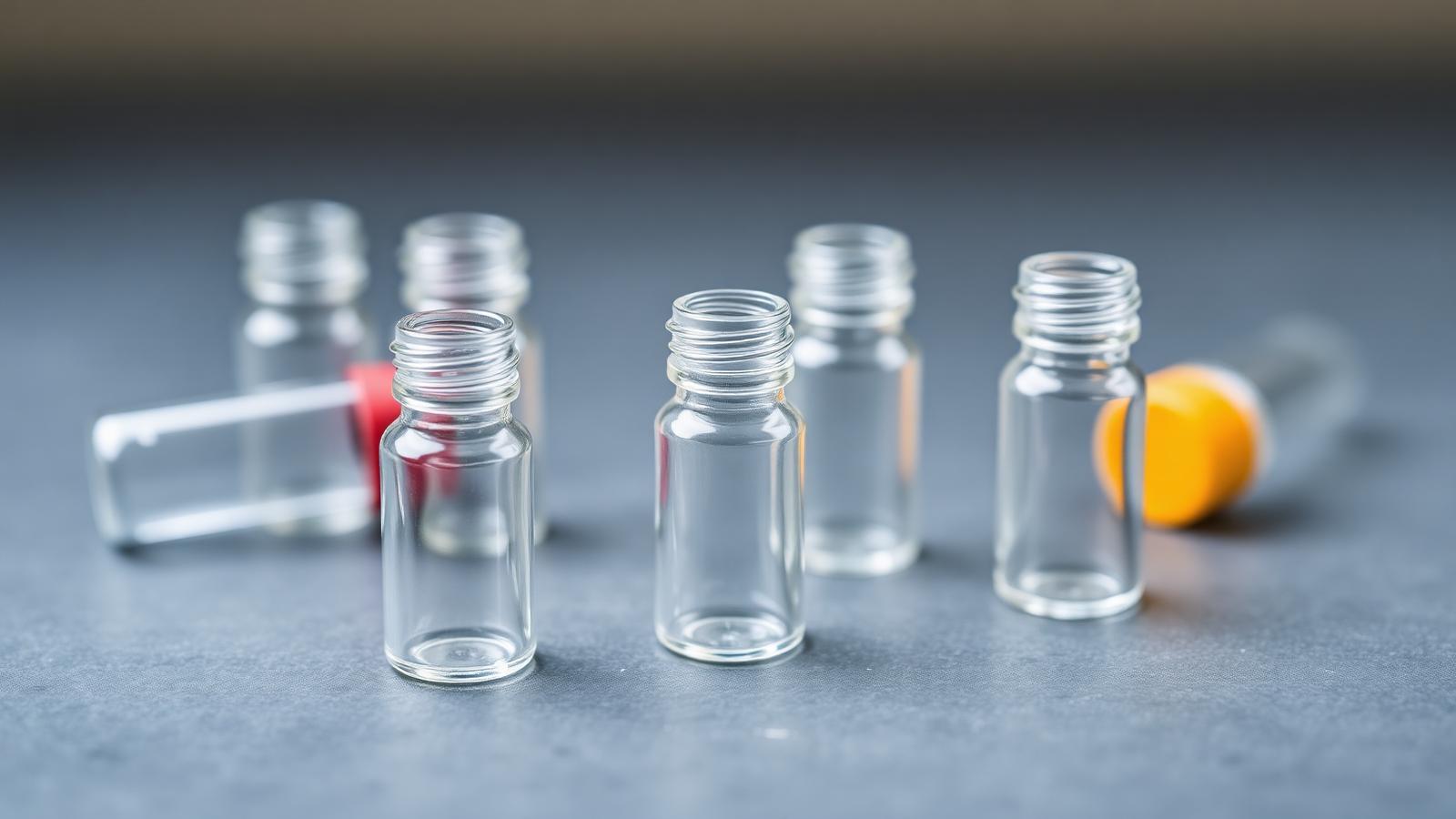 Clear glass medical vials with stoppers on a slate grey surface